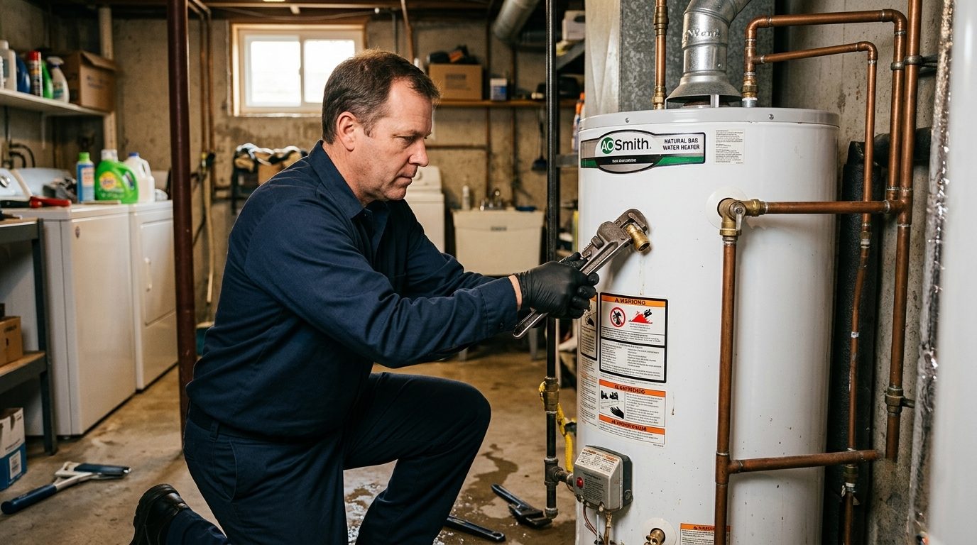 Water heater repair service in utility room